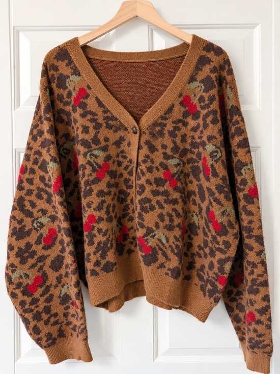 Cider Sweaters - NWT Cider Brown Leopard V-Neck Cardigan with Red Cherry Novelty Print